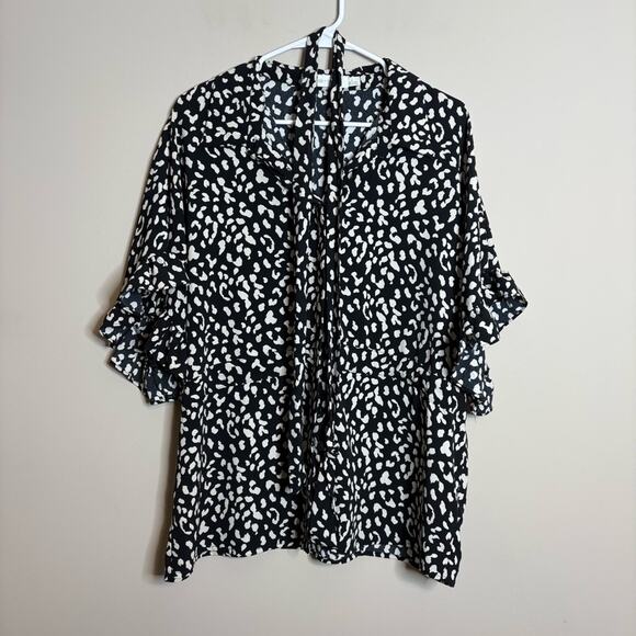 Bishop + Young Ruffle Sleeve Animal Print Blouse Black Cream Size Large - Picture 4 of 10